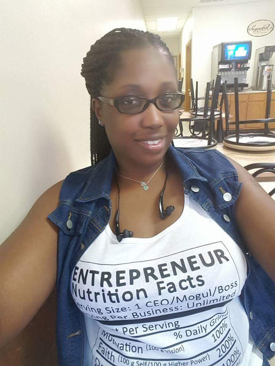 Customer wearing Entrepreneur Life Nutrition Facts T-shirt